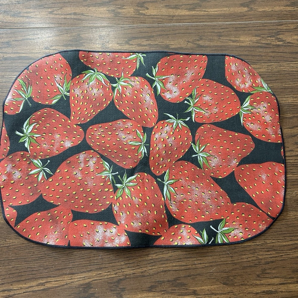 Set Of 3 Vintage Style Strawberry Print Placemats Black Red Kitchen